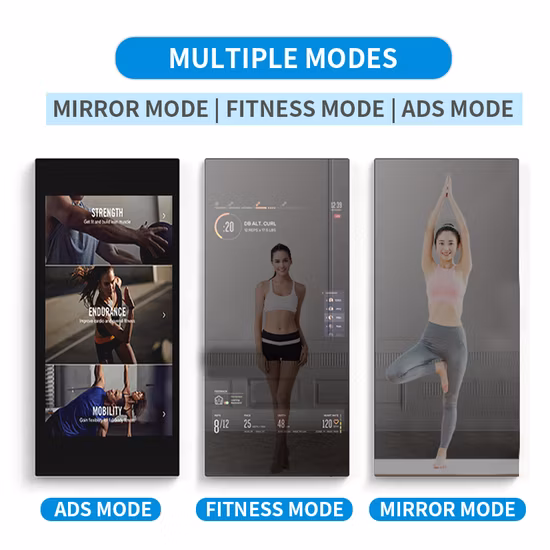 Suporte de chão à prova d'água para academia Espelho mágico para exercícios inteligentes LCD Tela sensível ao toque Sinalização digital Espelho interativo para sala de ginástica