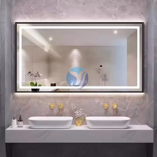Espelho de arte de banheiro inteligente de design popular profissional com iluminação de LED personalizada de forma irregular